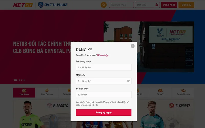 Giao diện đăng ký Net88