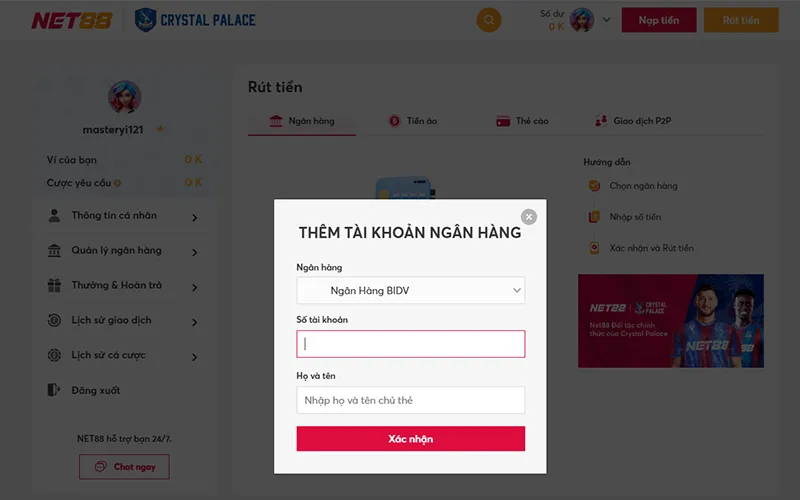 Rút tiền Net88 thông qua chuyển khoản Ngân hàng