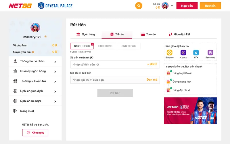 Rút tiền Net88 bằng tiền ảo