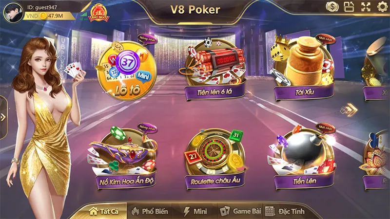 Trải nghiệm các trò chơi hấp dẫn tại V8 Poker như Baccarat, Xóc đĩa, Tiến lên miền Nam